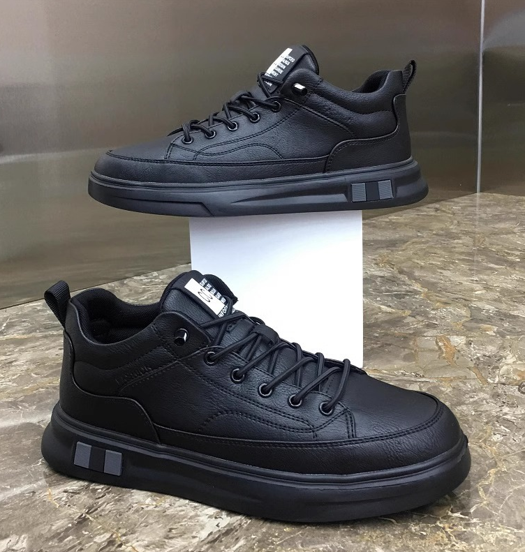 New Spring Mid-top Black All-match Black Leather Shoes