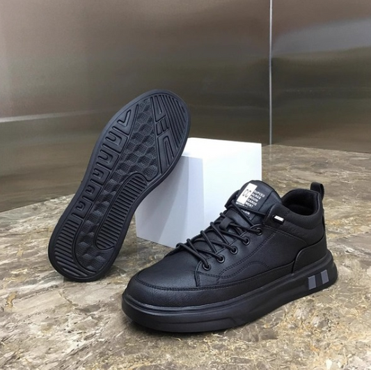 New Spring Mid-top Black All-match Black Leather Shoes