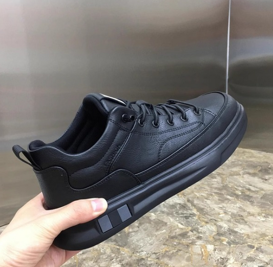 New Spring Mid-top Black All-match Black Leather Shoes